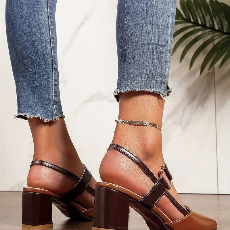 Women's Pointed Toe Heeled Shoes with Slingback and Buckle Strap