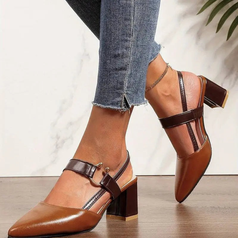 Women's Pointed Toe Heeled Shoes with Slingback and Buckle Strap