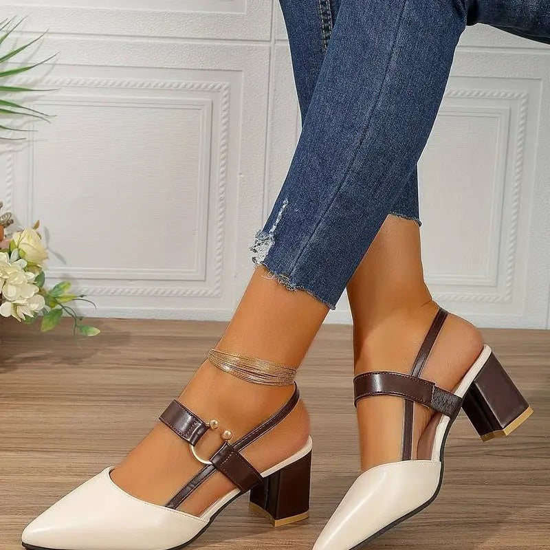 Women's Pointed Toe Heeled Shoes with Slingback and Buckle Strap
