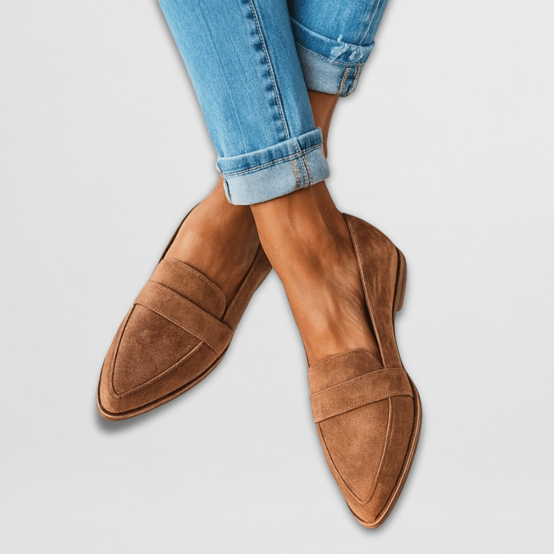 Women's Pointed Toe Loafers with Penny Strap Detail and Flat Sole