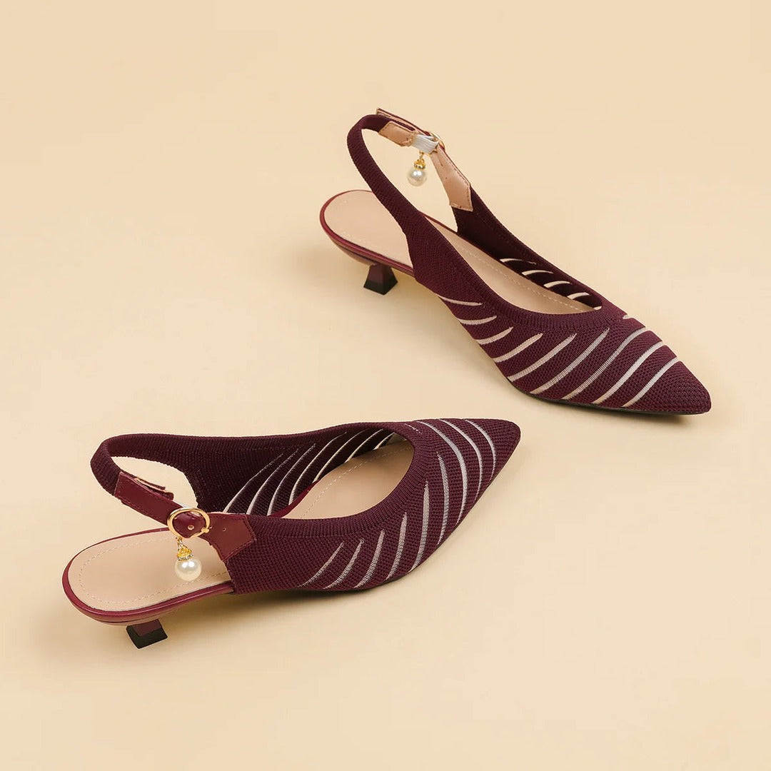 Women's Pointed-Toe Slingback Heels with Diagonal Stripe Upper and Pearl Buckle Detail
