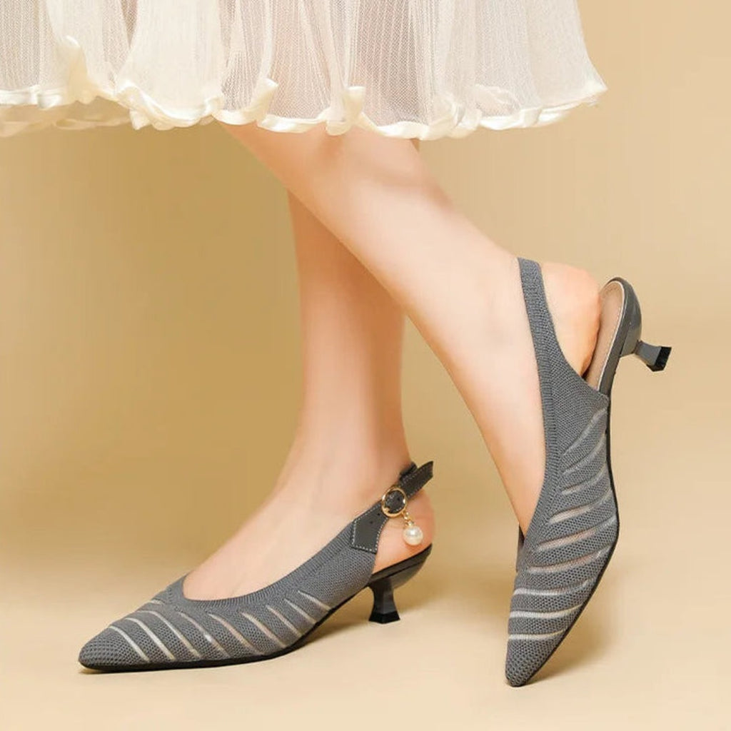 Women's Pointed-Toe Slingback Heels with Diagonal Stripe Upper and Pearl Buckle Detail