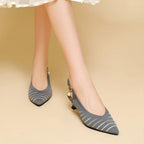 Women's Pointed-Toe Slingback Heels with Diagonal Stripe Upper and Pearl Buckle Detail