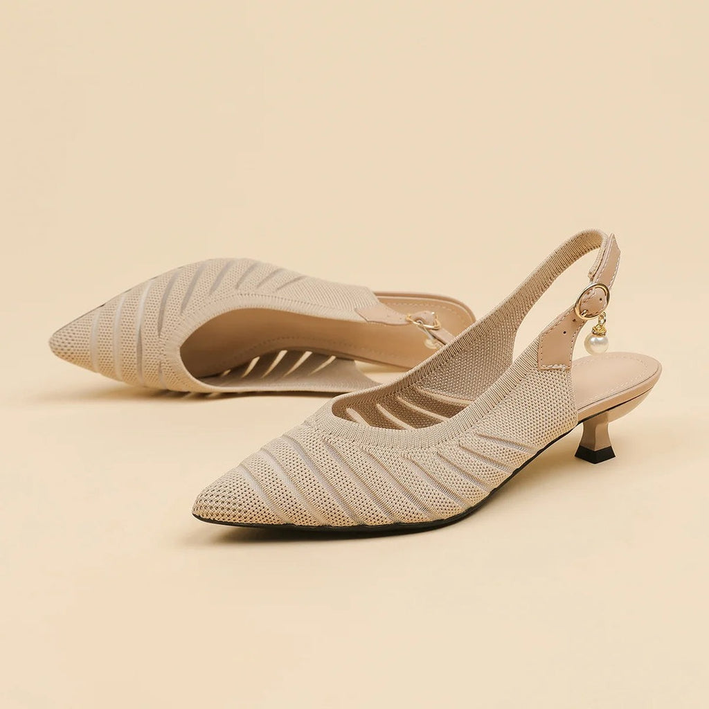 Women's Pointed-Toe Slingback Heels with Diagonal Stripe Upper and Pearl Buckle Detail