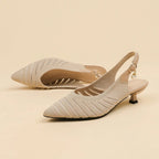 Women's Pointed-Toe Slingback Heels with Diagonal Stripe Upper and Pearl Buckle Detail