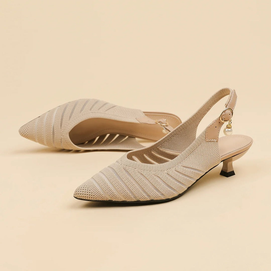 Women's Pointed-Toe Slingback Heels with Diagonal Stripe Upper and Pearl Buckle Detail