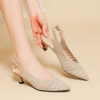 Women's Pointed-Toe Slingback Heels with Diagonal Stripe Upper and Pearl Buckle Detail