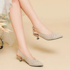 Women's Pointed-Toe Slingback Heels with Diagonal Stripe Upper and Pearl Buckle Detail