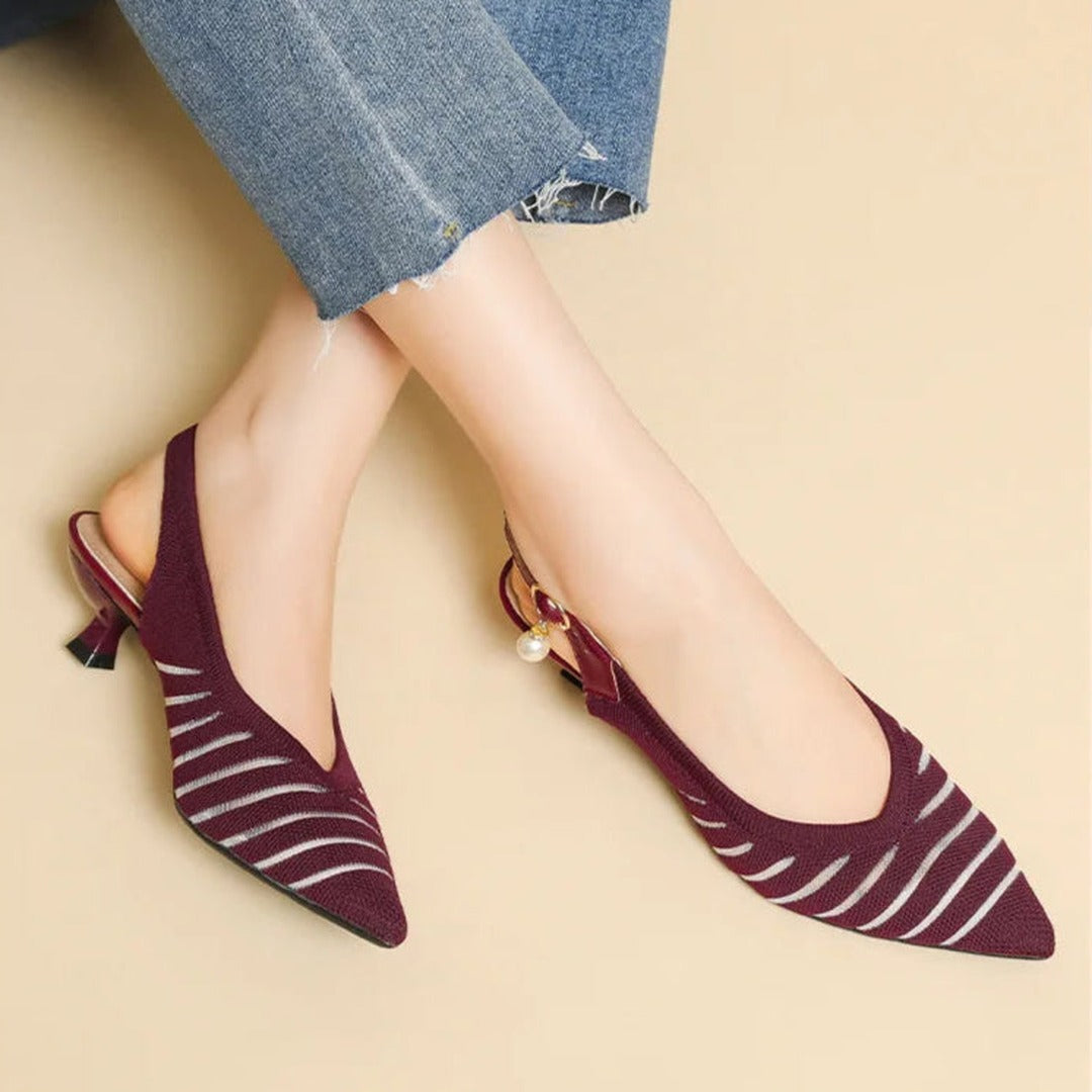 Women's Pointed-Toe Slingback Heels with Diagonal Stripe Upper and Pearl Buckle Detail