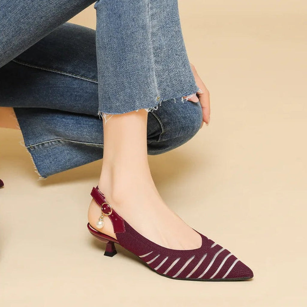 Women's Pointed-Toe Slingback Heels with Diagonal Stripe Upper and Pearl Buckle Detail
