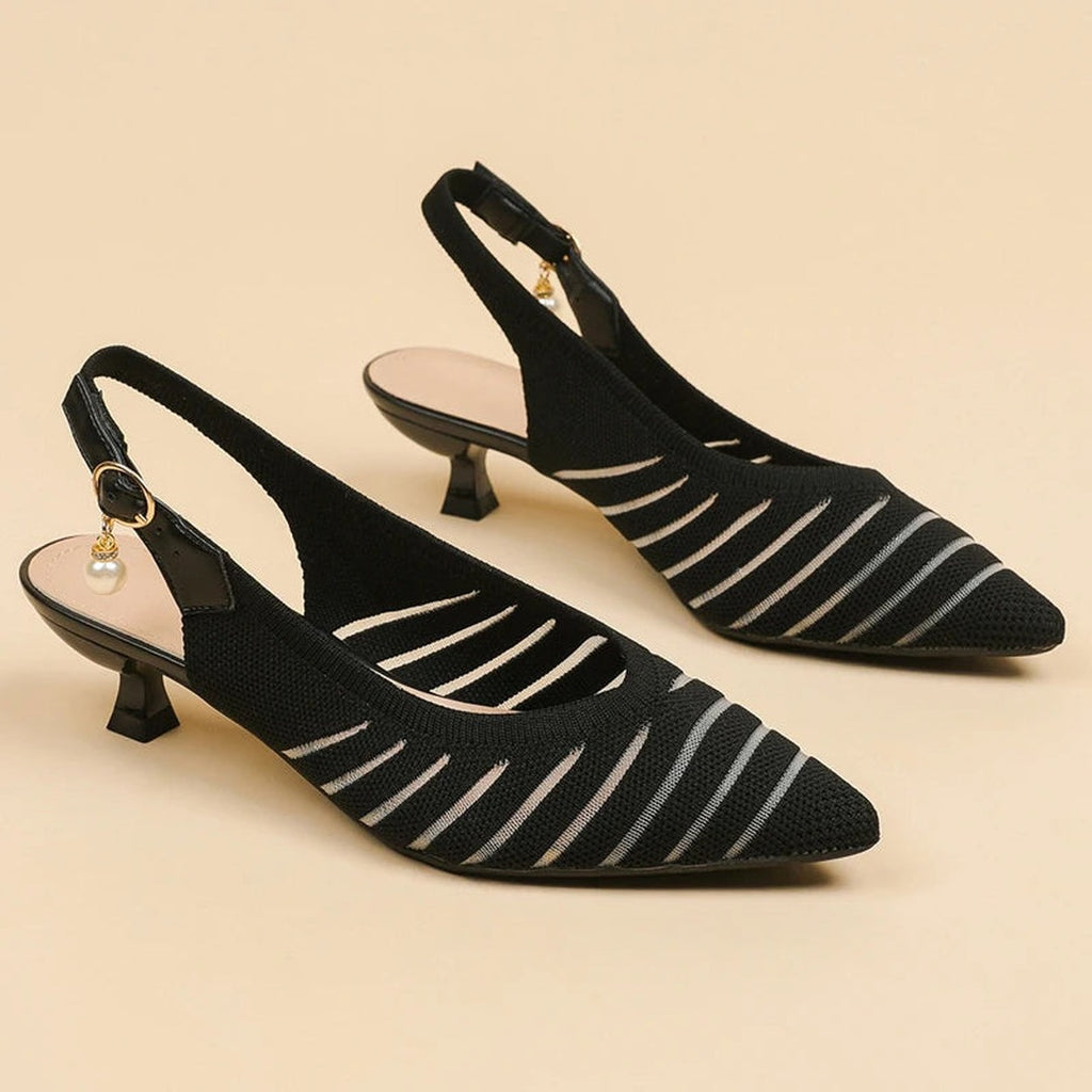 Women's Pointed-Toe Slingback Heels with Diagonal Stripe Upper and Pearl Buckle Detail