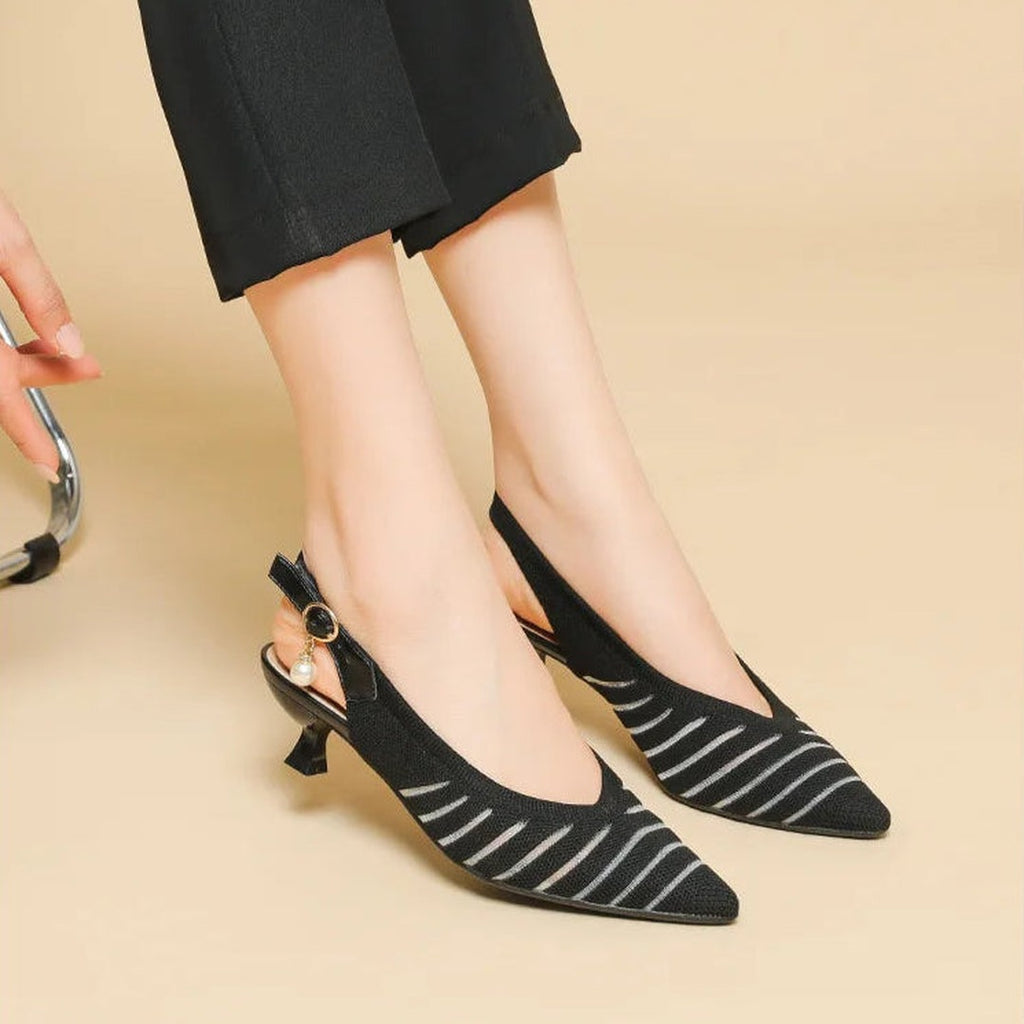 Women's Pointed-Toe Slingback Heels with Diagonal Stripe Upper and Pearl Buckle Detail