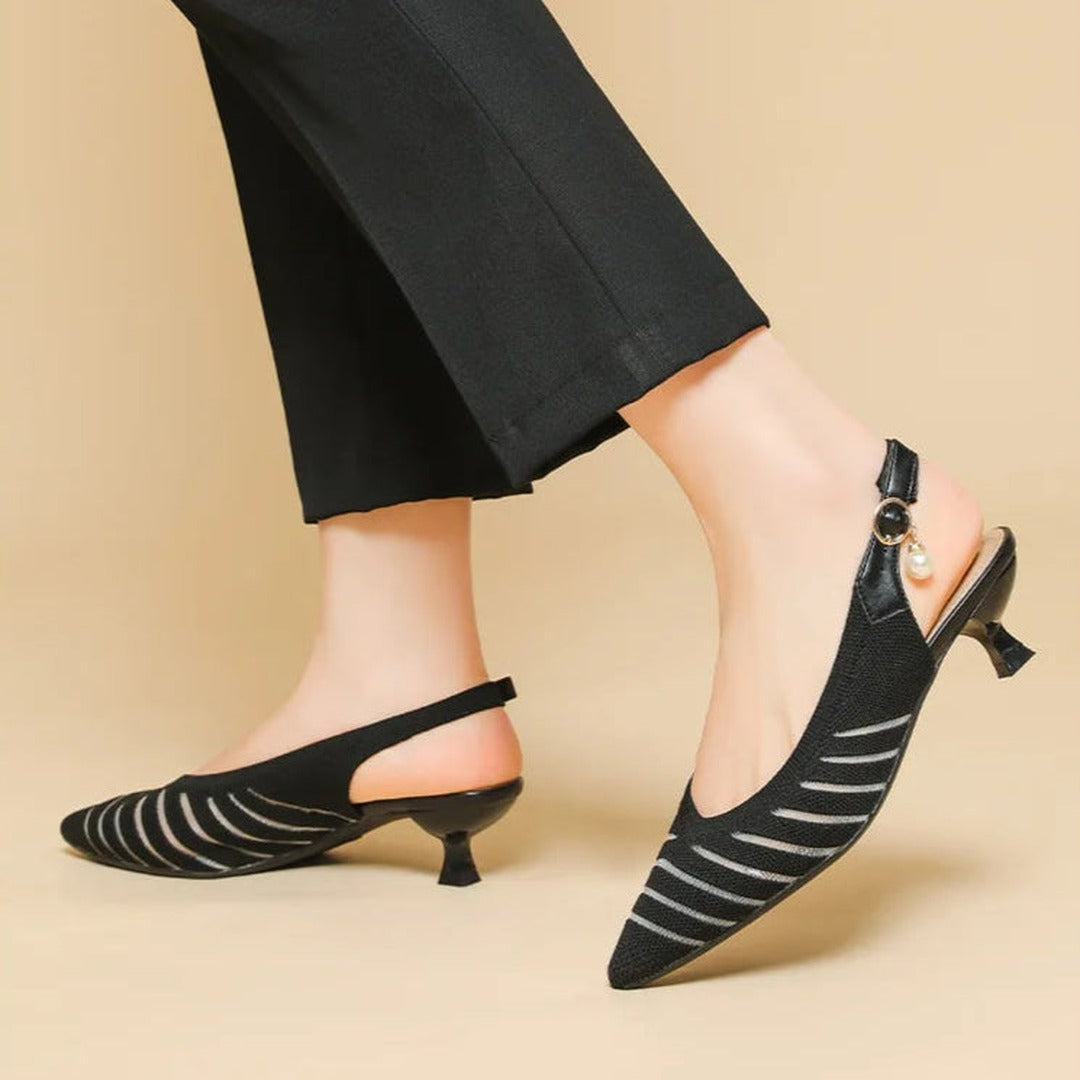 Women's Pointed-Toe Slingback Heels with Diagonal Stripe Upper and Pearl Buckle Detail