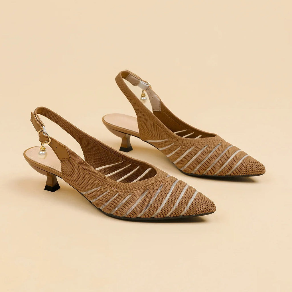 Women's Pointed-Toe Slingback Heels with Diagonal Stripe Upper and Pearl Buckle Detail