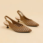 Women's Pointed-Toe Slingback Heels with Diagonal Stripe Upper and Pearl Buckle Detail