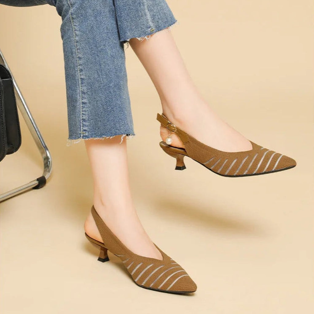 Women's Pointed-Toe Slingback Heels with Diagonal Stripe Upper and Pearl Buckle Detail