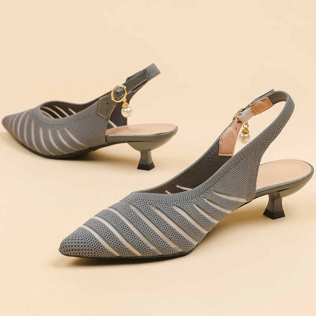 Women's Pointed-Toe Slingback Heels with Diagonal Stripe Upper and Pearl Buckle Detail