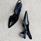 Women's Pointed-Toe Slingback Heels with Embossed Scale-Pattern Upper and Block Heel