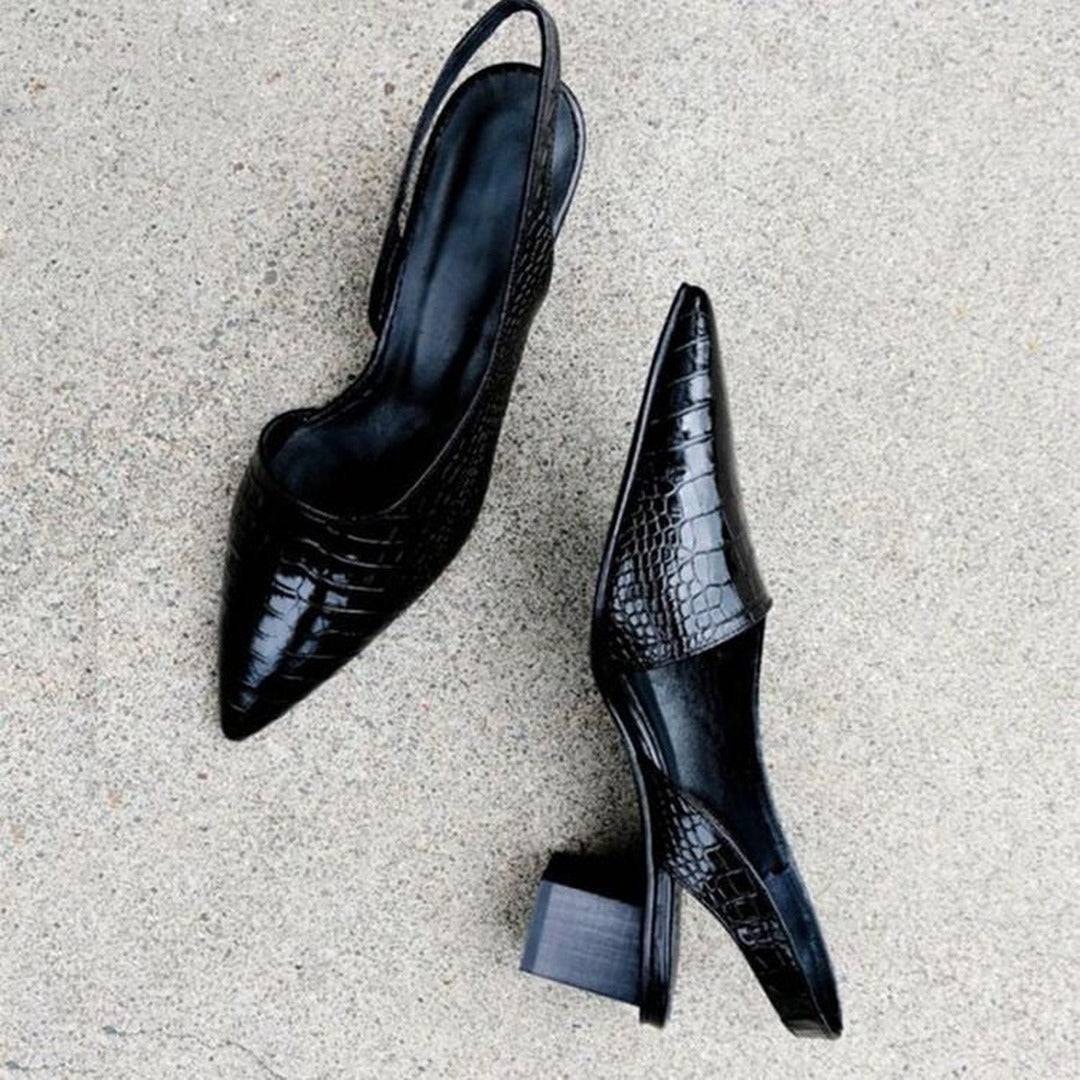 Women's Pointed-Toe Slingback Heels with Embossed Scale-Pattern Upper and Block Heel
