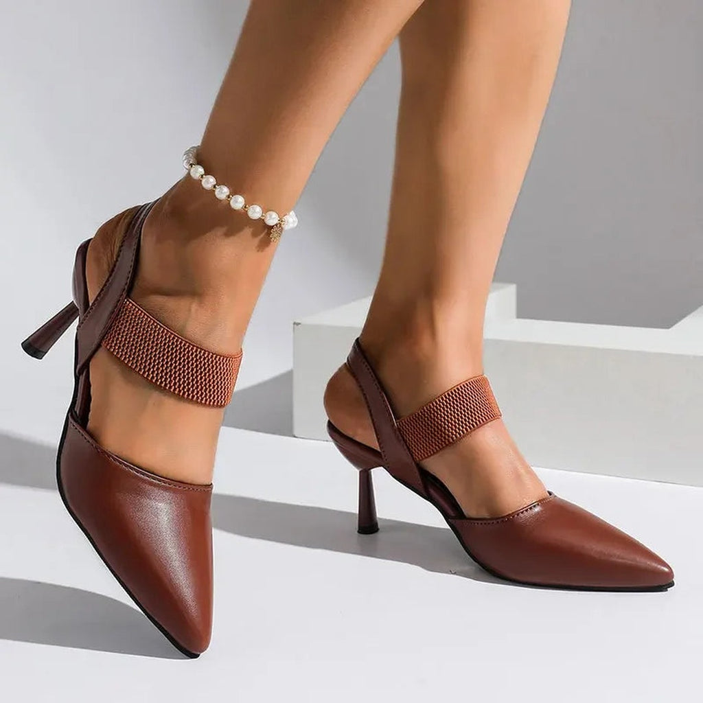 Women's Pointed-Toe Slingback Heels with Textured Strap Band and Stiletto Heel