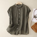 Women's Polka Dot Button Front Blouse with Collar and Cap Sleeves