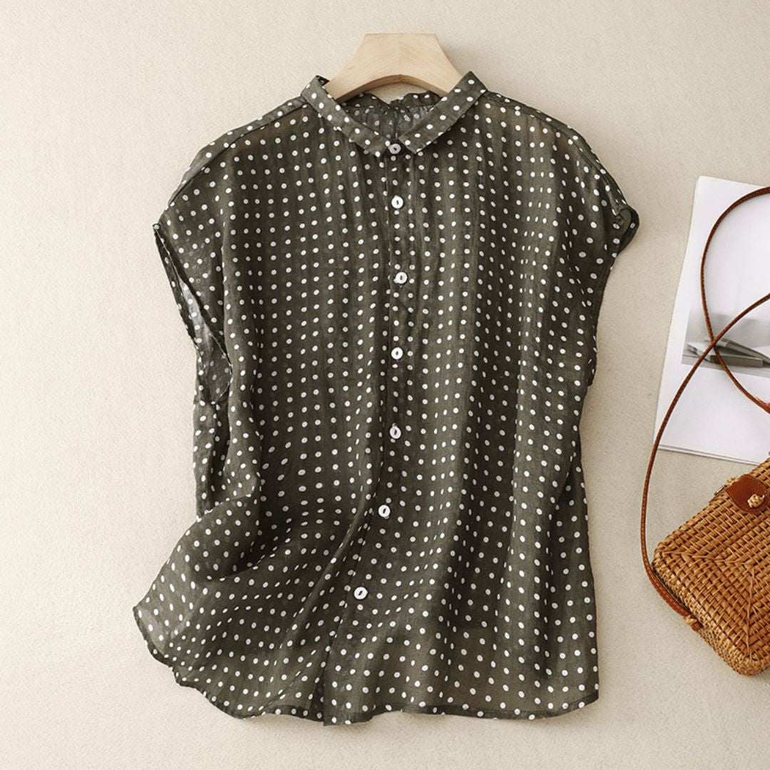 Women's Polka Dot Button Front Blouse with Collar and Cap Sleeves