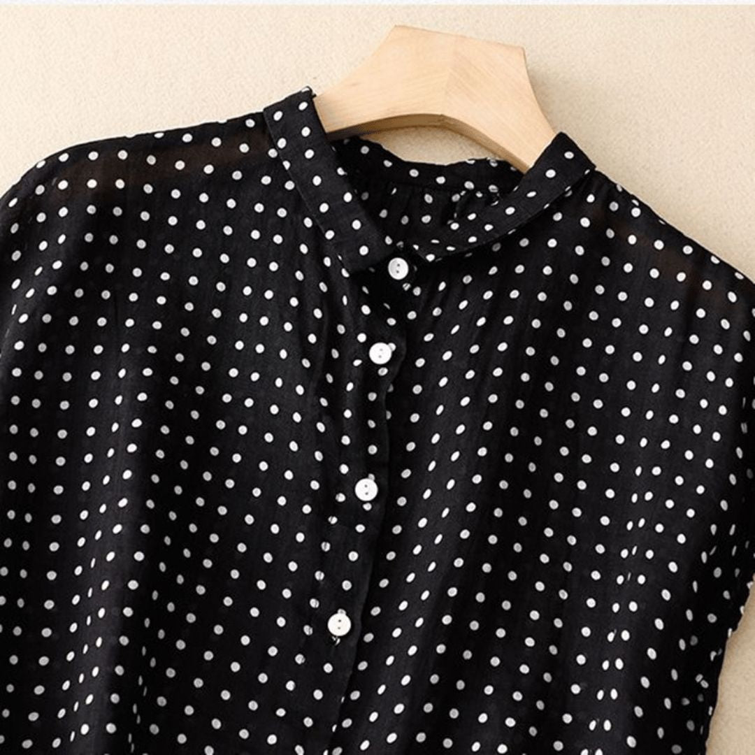 Women's Polka Dot Button Front Blouse with Collar and Cap Sleeves
