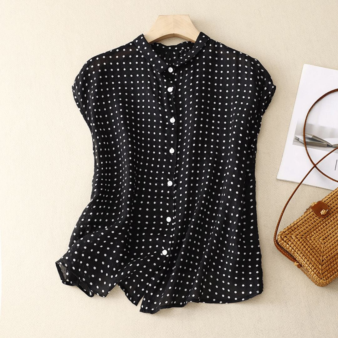 Women's Polka Dot Button Front Blouse with Collar and Cap Sleeves