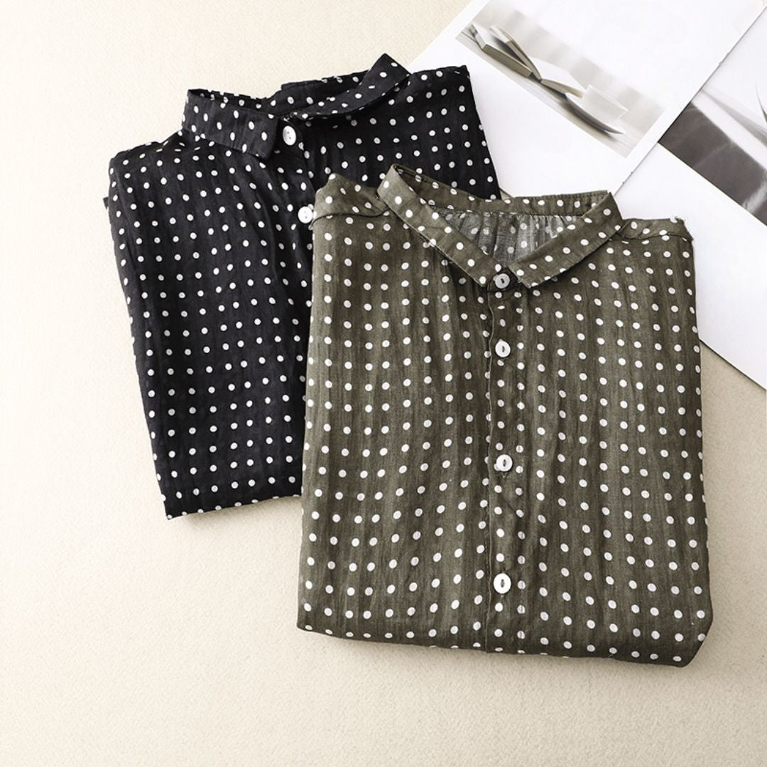 Women's Polka Dot Button Front Blouse with Collar and Cap Sleeves