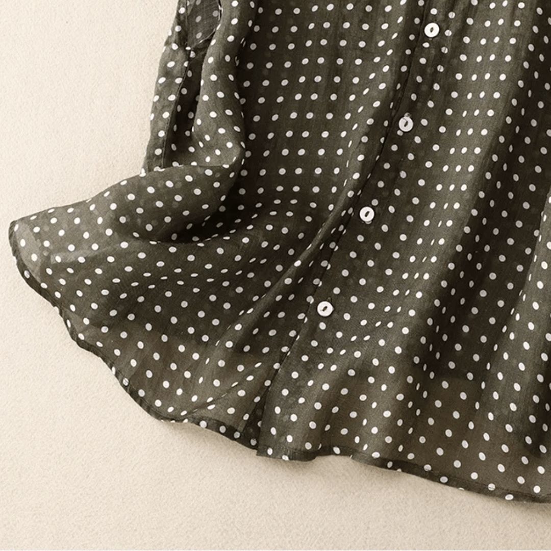 Women's Polka Dot Button Front Blouse with Collar and Cap Sleeves