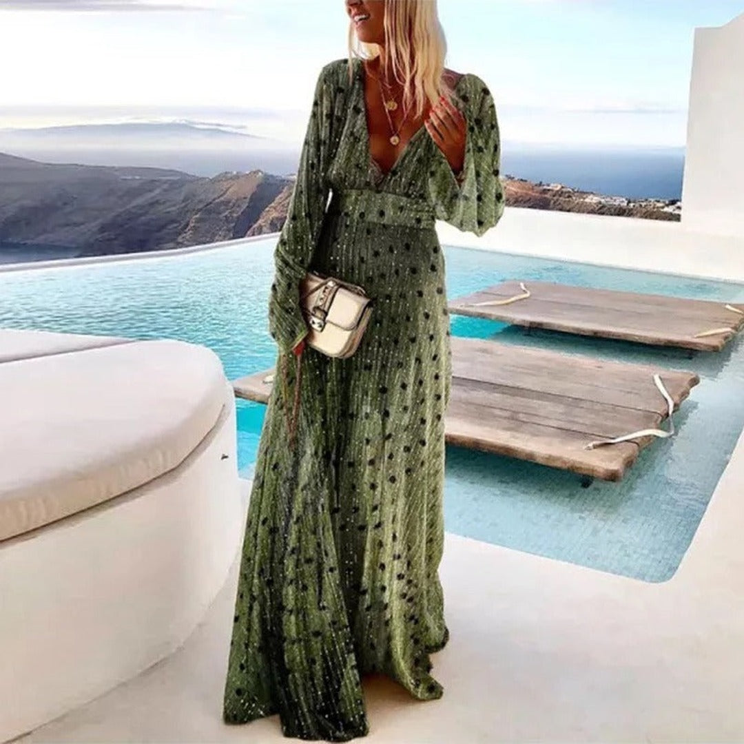 Women's Polka Dot Maxi Dress with Long Sleeve