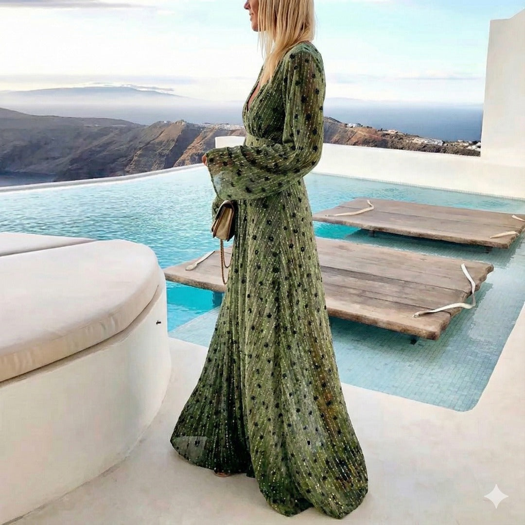 Women's Polka Dot Maxi Dress with Long Sleeve