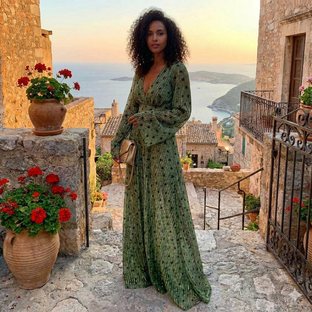 Women's Polka Dot Maxi Dress with Long Sleeve
