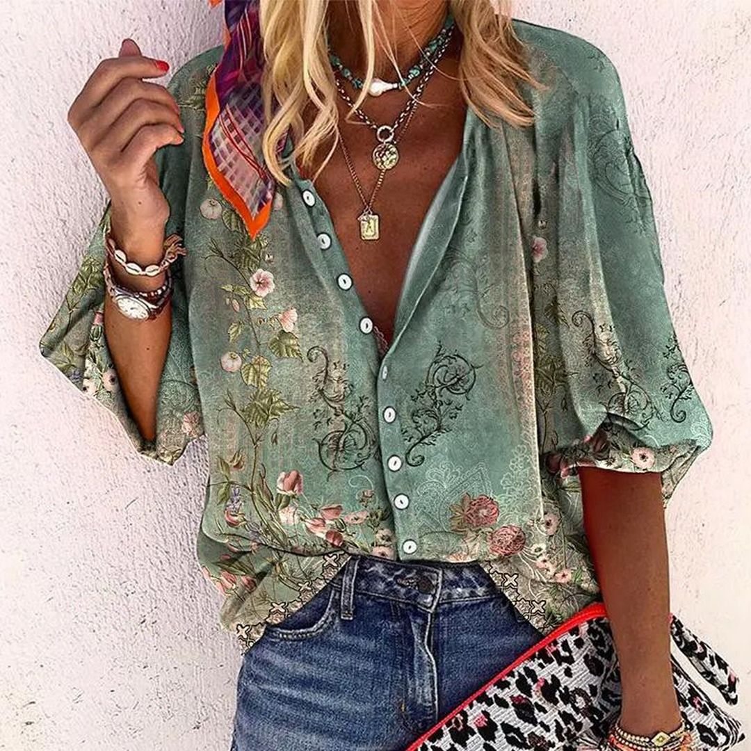 Women's Printed Button-Down Shirt with Elbow-Length Sleeves