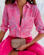 Women's Printed Button-Down Shirt with Point Collar and Long Sleeves and Chest Pocket