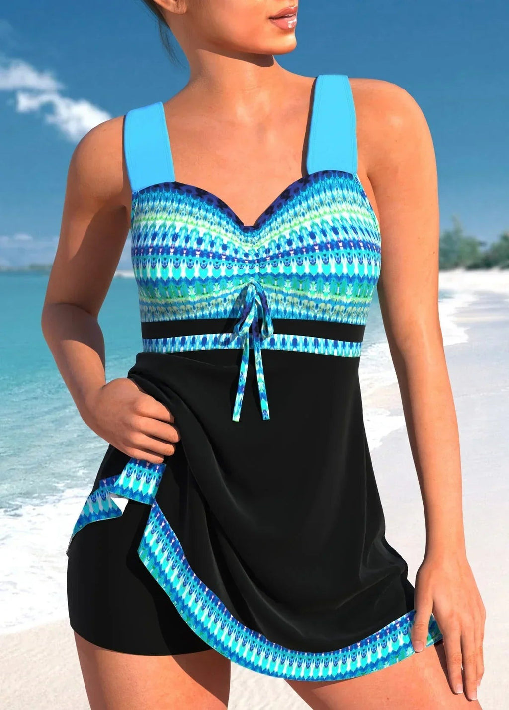 Women's Printed Swimdress with Sweetheart Neckline and Shorts