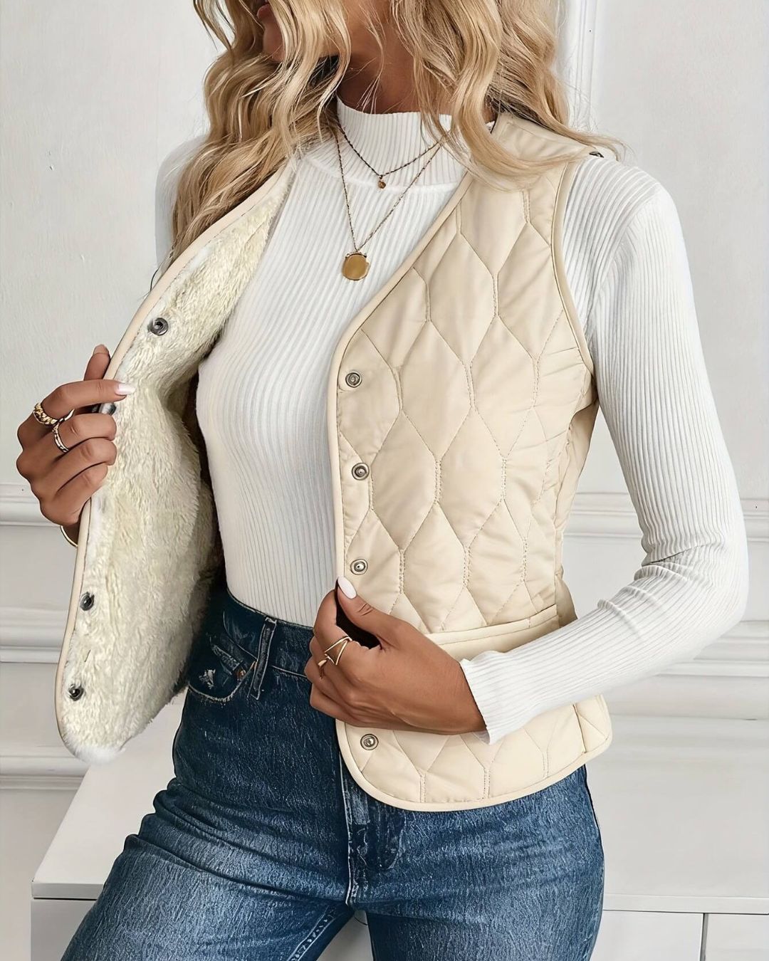 Women's Quilted Sleeveless Vest with Diamond Stitch Pattern and Button Front Closure