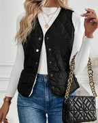 Women's Quilted Sleeveless Vest with Diamond Stitch Pattern and Button Front Closure