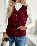 Women's Quilted Sleeveless Vest with Diamond Stitch Pattern and Button Front Closure