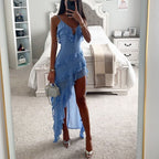 Women's Ruffle Dress with V-Neckline Spaghetti Straps and Asymmetric Hem