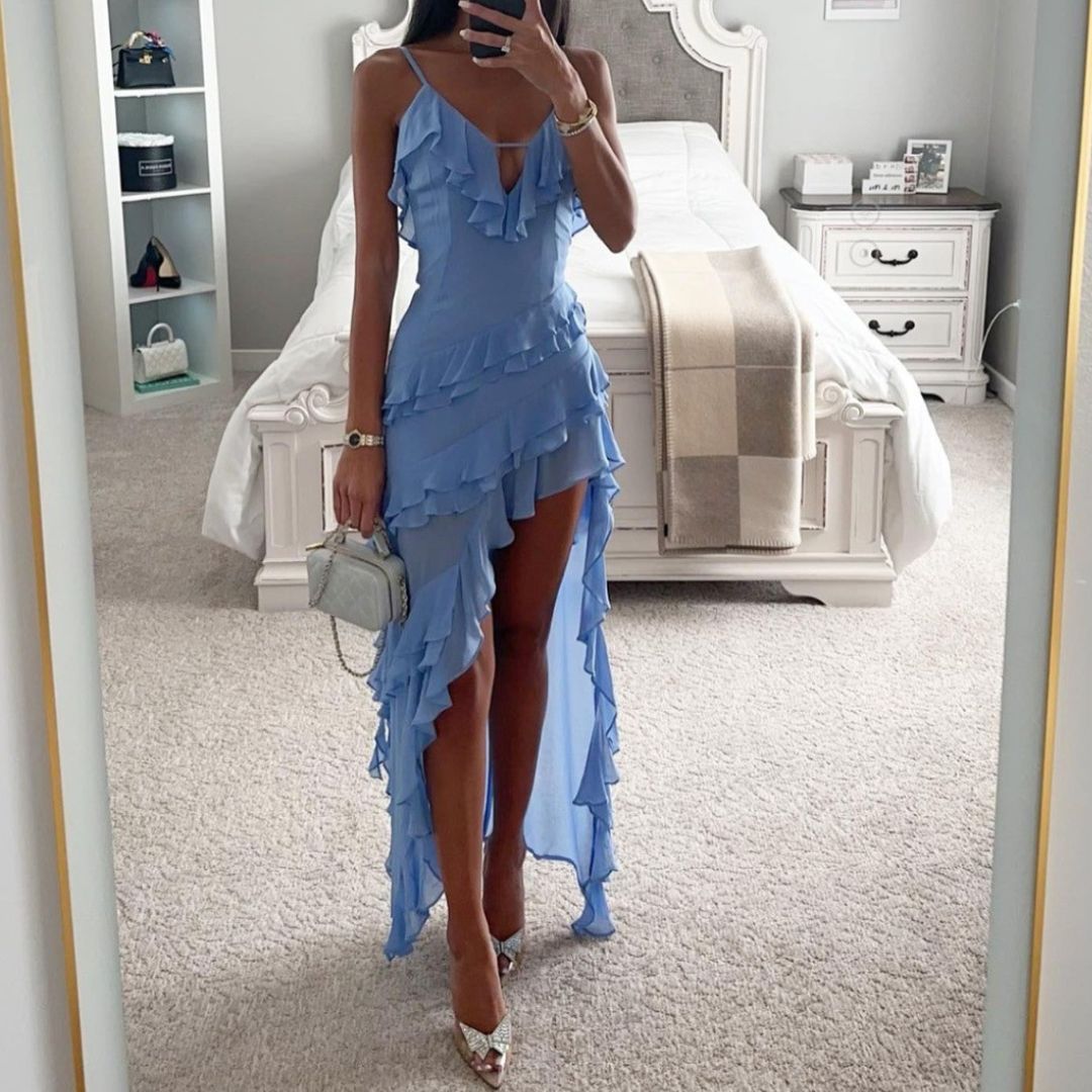Women's Ruffle Dress with V-Neckline Spaghetti Straps and Asymmetric Hem