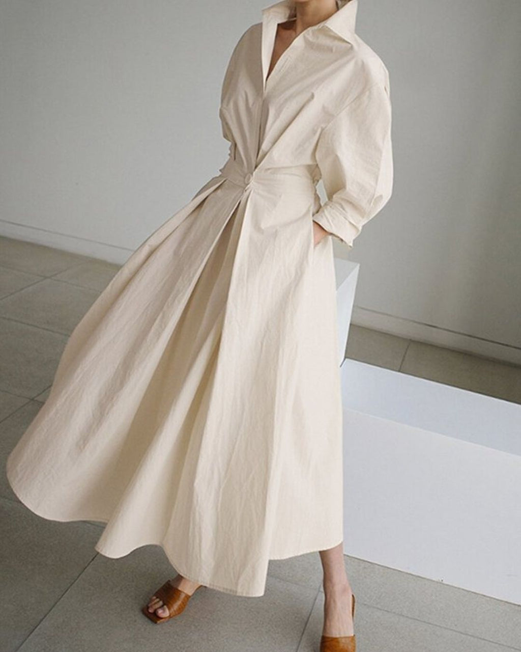 Women's Shirt Dress with Deep V-Neckline Spread Collar and Gathered Waist Panel and Full A-Line Midi Skirt