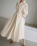 Women's Shirt Dress with Deep V-Neckline Spread Collar and Gathered Waist Panel and Full A-Line Midi Skirt