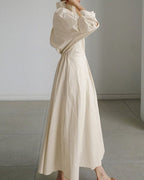 Women's Shirt Dress with Deep V-Neckline Spread Collar and Gathered Waist Panel and Full A-Line Midi Skirt