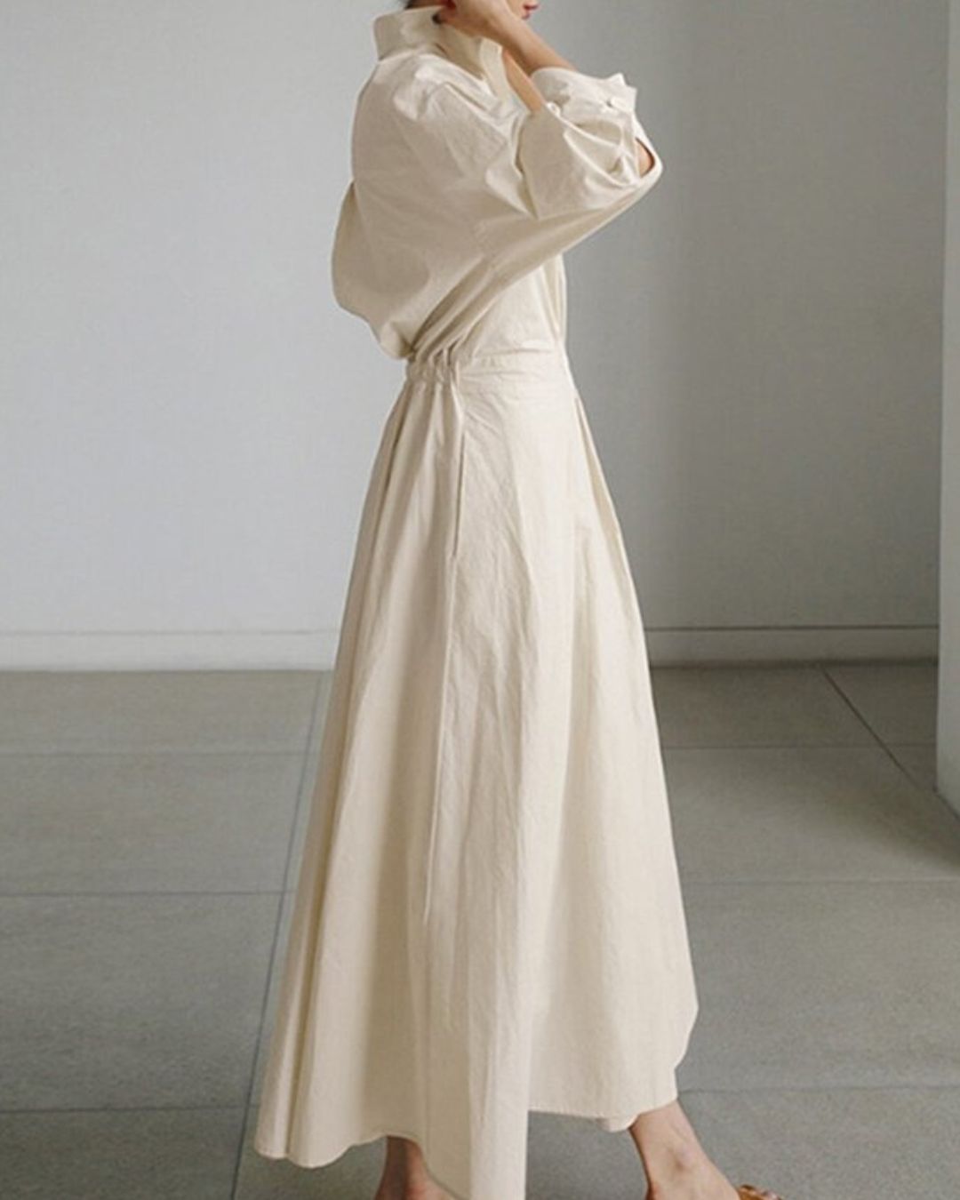 Women's Shirt Dress with Deep V-Neckline Spread Collar and Gathered Waist Panel and Full A-Line Midi Skirt