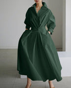 Women's Shirt Dress with Deep V-Neckline Spread Collar and Gathered Waist Panel and Full A-Line Midi Skirt