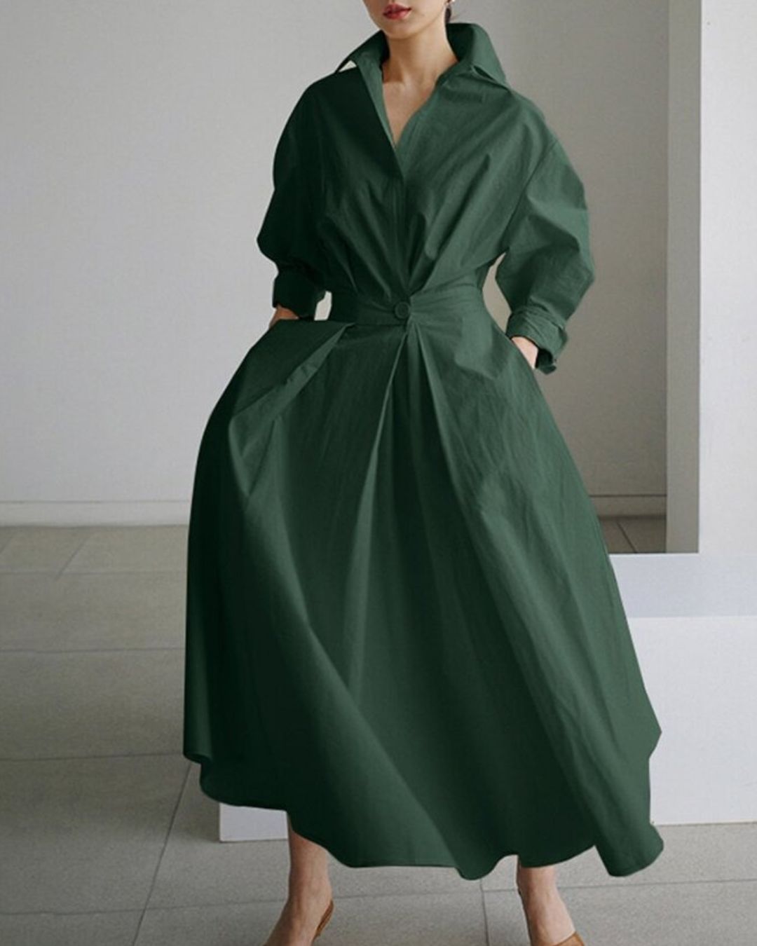 Women's Shirt Dress with Deep V-Neckline Spread Collar and Gathered Waist Panel and Full A-Line Midi Skirt