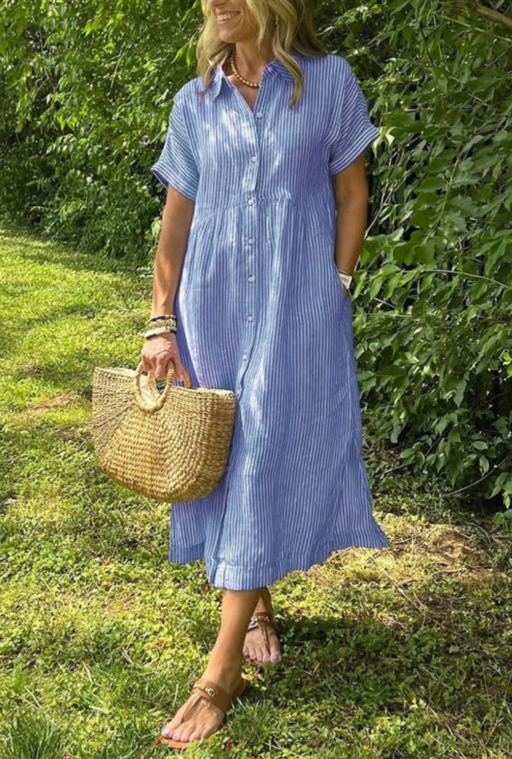 Women's Shirt Dress with Vertical Stripe Print Short Sleeves and Button-Front Placket