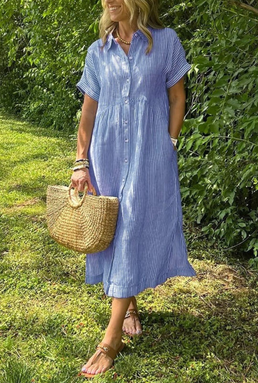 Women's Shirt Dress with Vertical Stripe Print Short Sleeves and Button-Front Placket