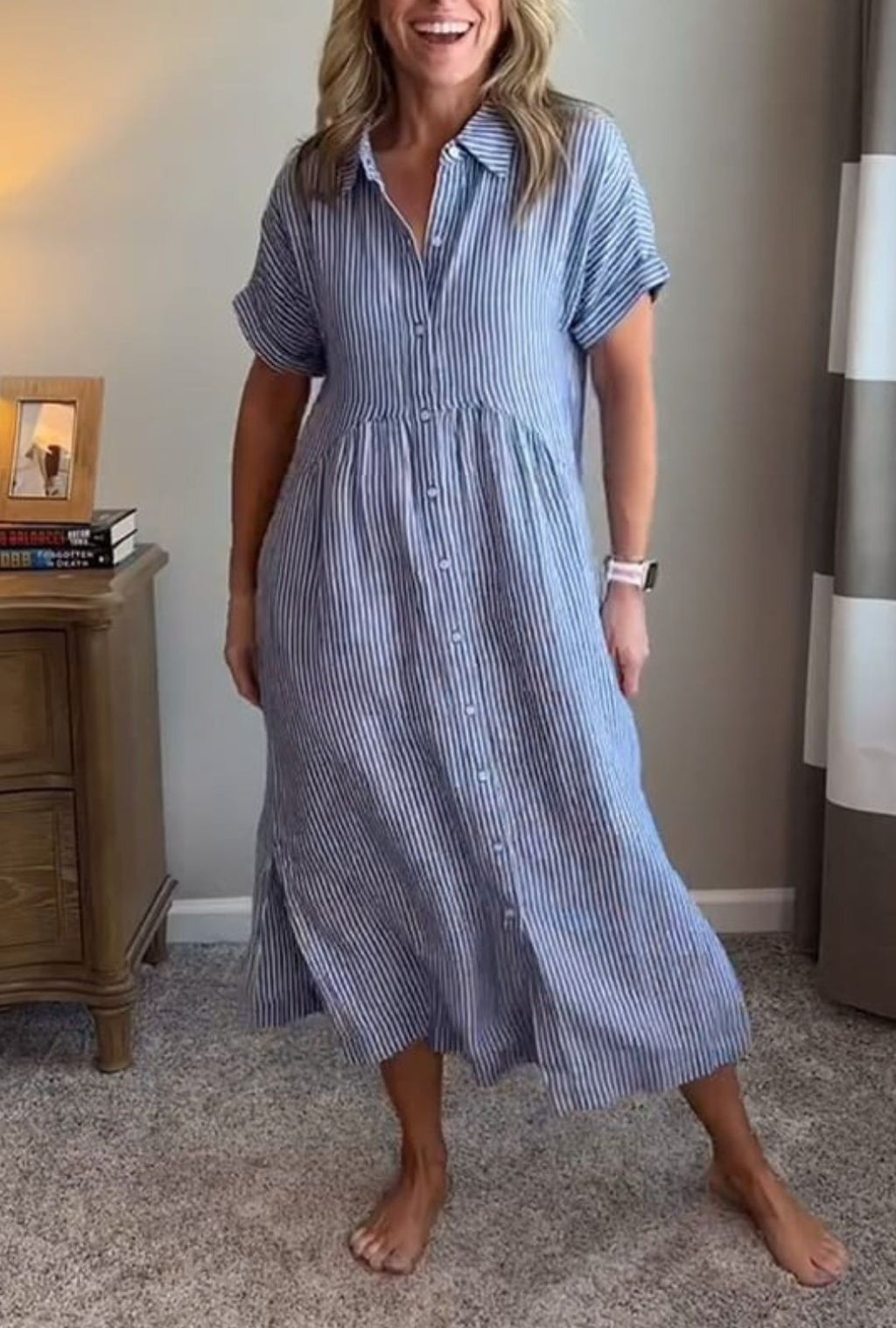 Women's Shirt Dress with Vertical Stripe Print Short Sleeves and Button-Front Placket